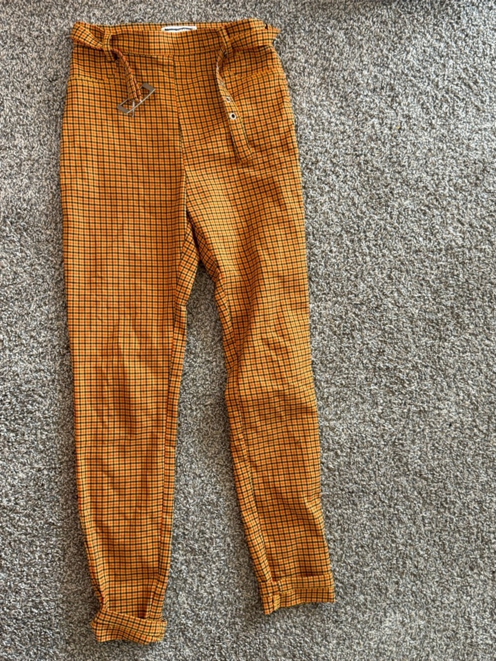 Orange Plaid High-Waist  Pants